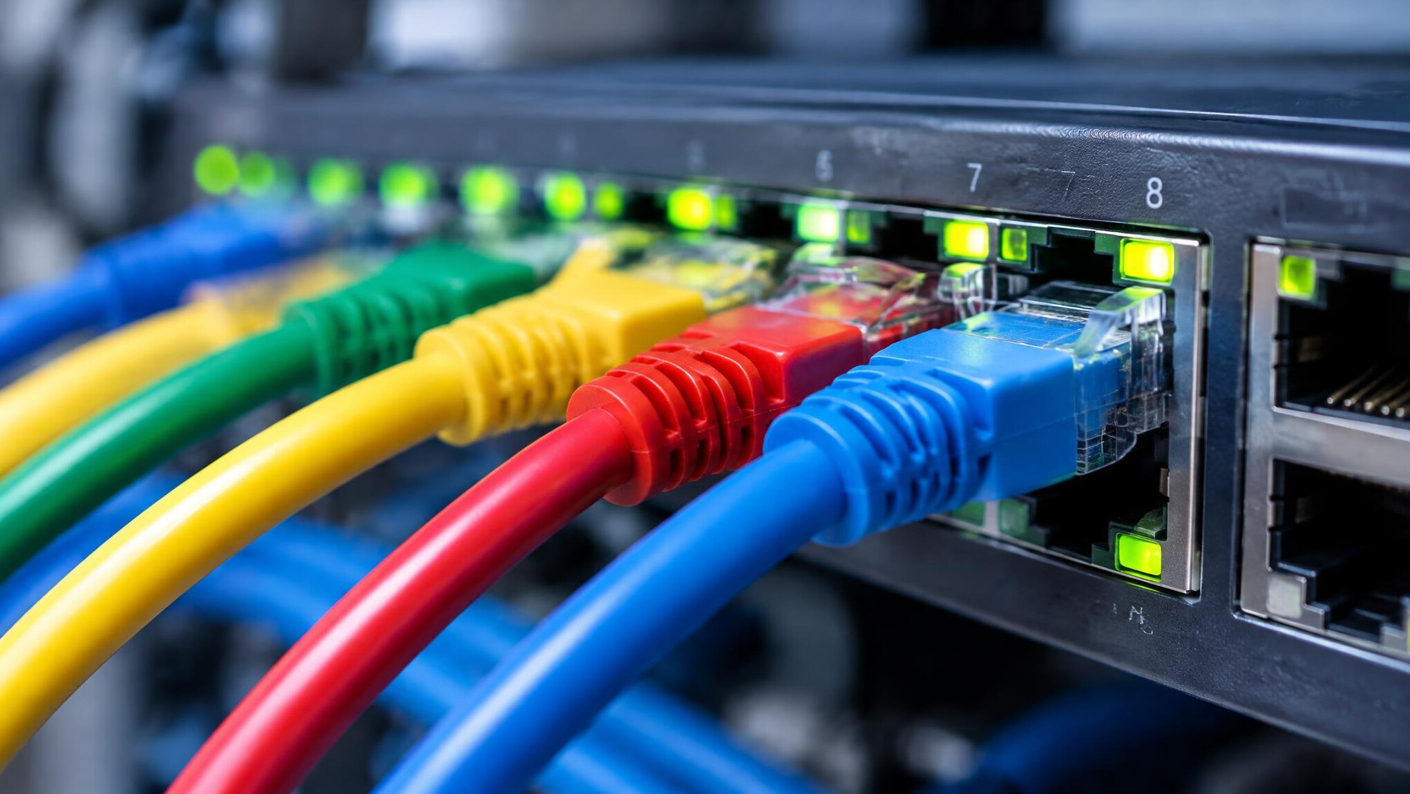 Ethernet cables plugged into a network switch