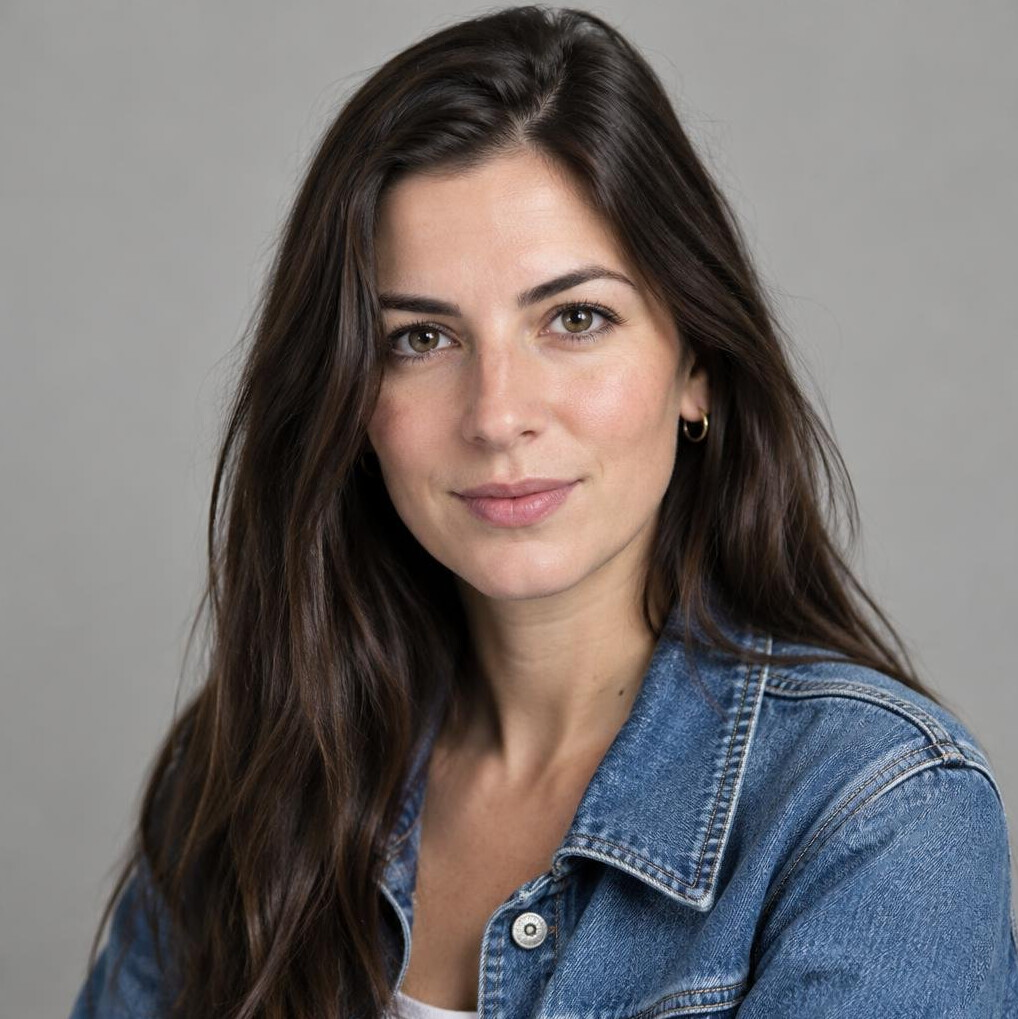 Portrait of a young woman with long dark hair in a denim jacket