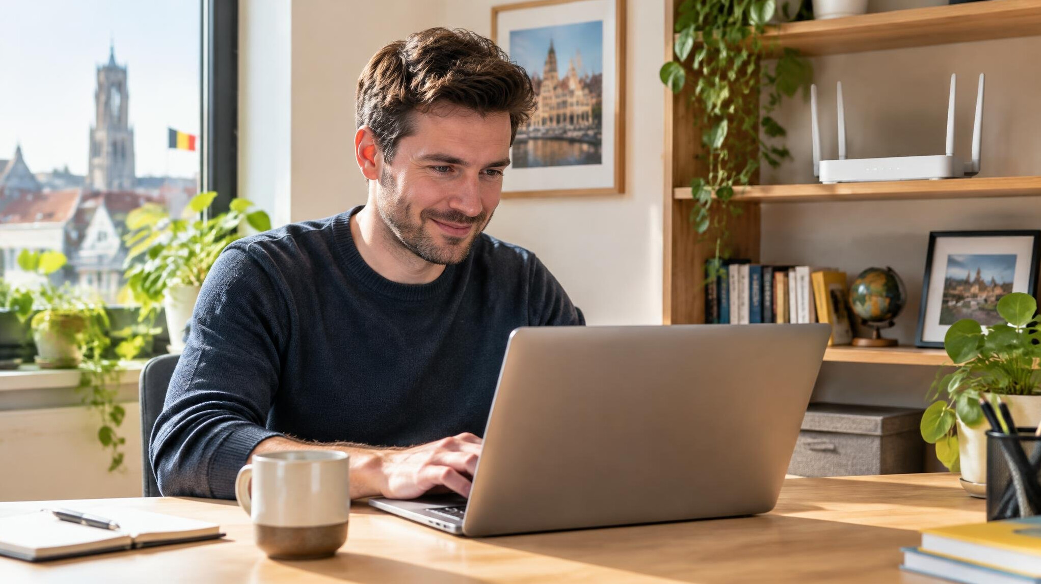 Man working at a desk in a bright home office with a wifi router nearby