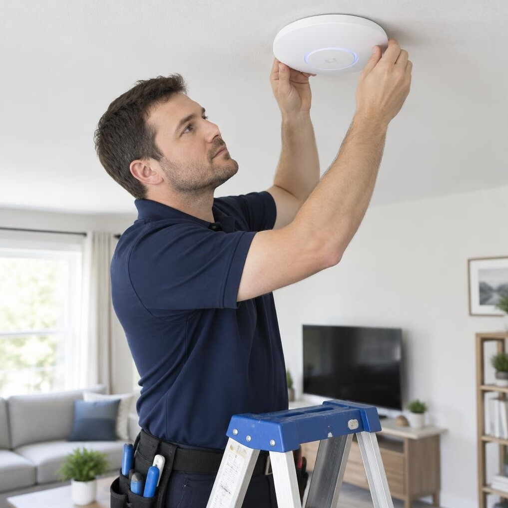 Technician installing a wifi access point on a ceiling