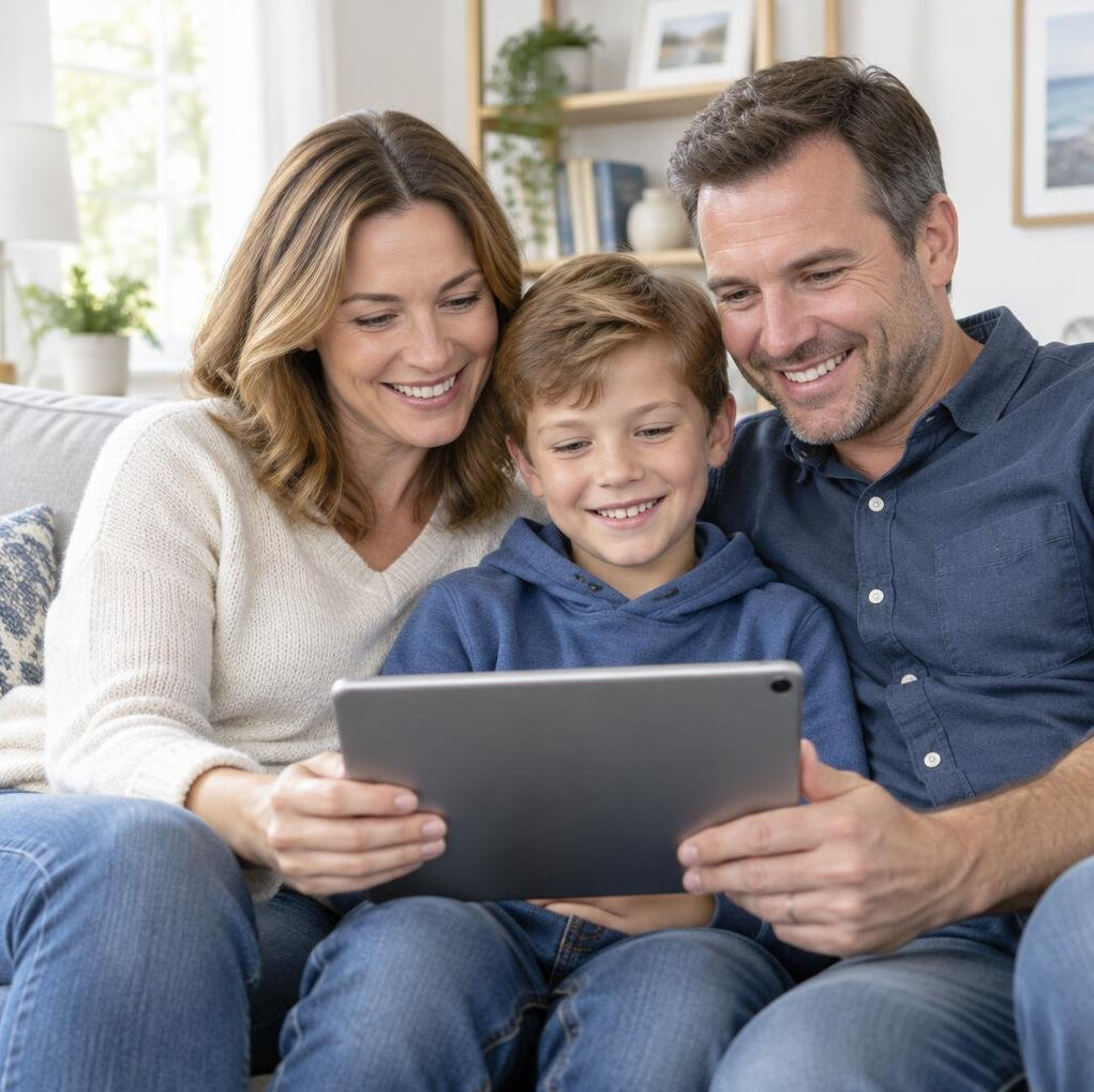 Smiling family using a tablet together on a sofa