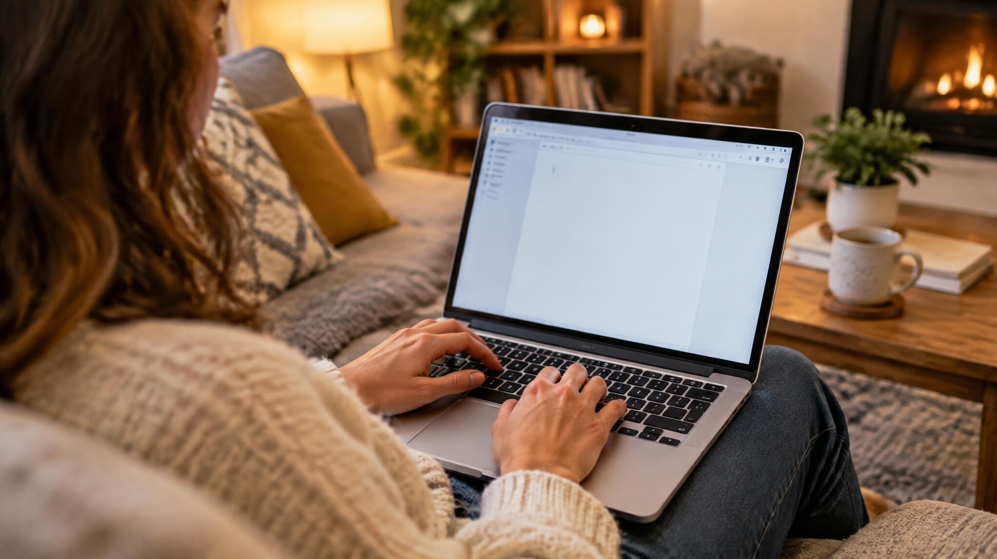Hands typing on a laptop in a cosy living room